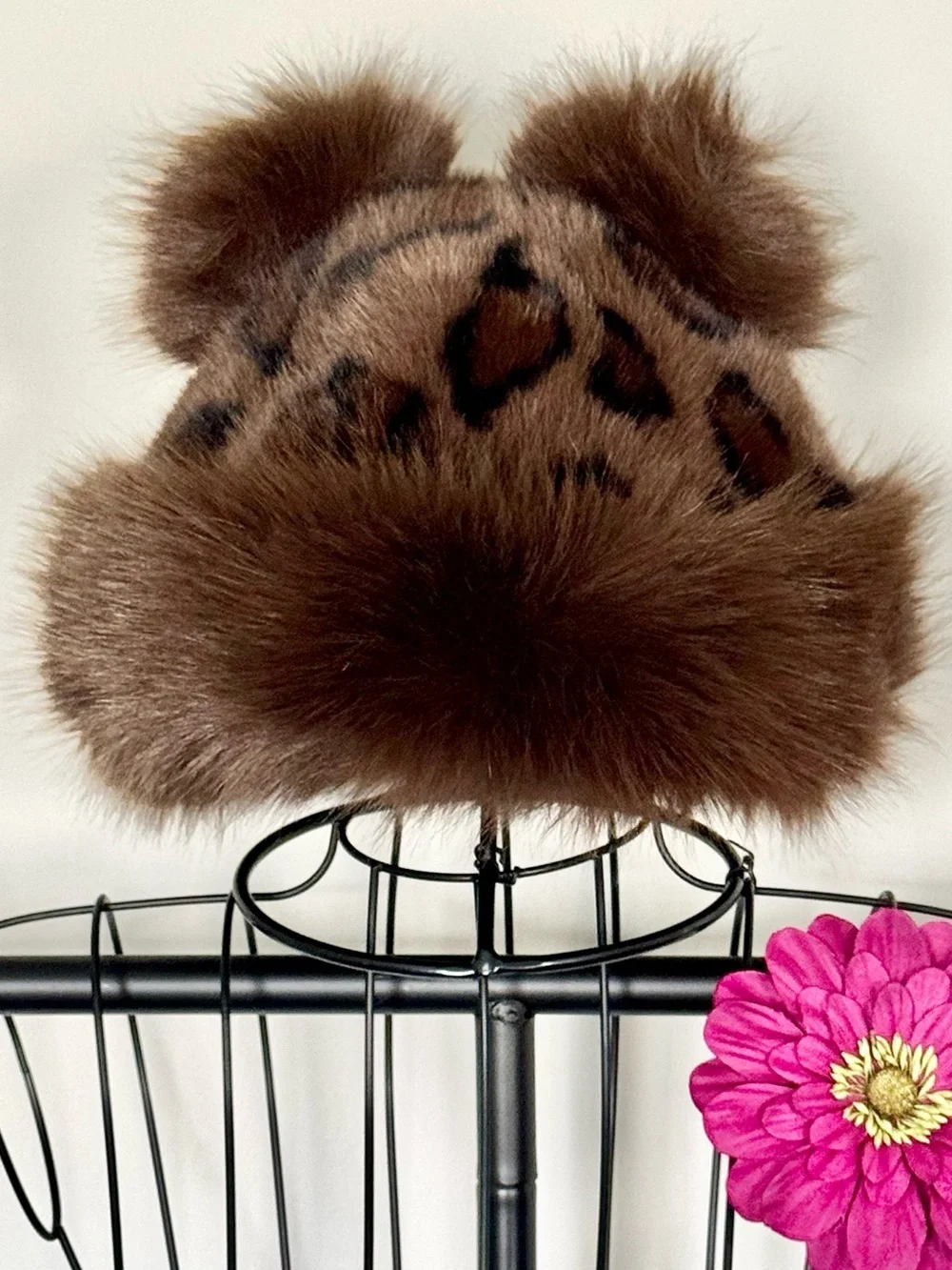 New Winter Mink Brown Color Leopard Print Faux Fur Hat w/ Bear Ears - Adult Size